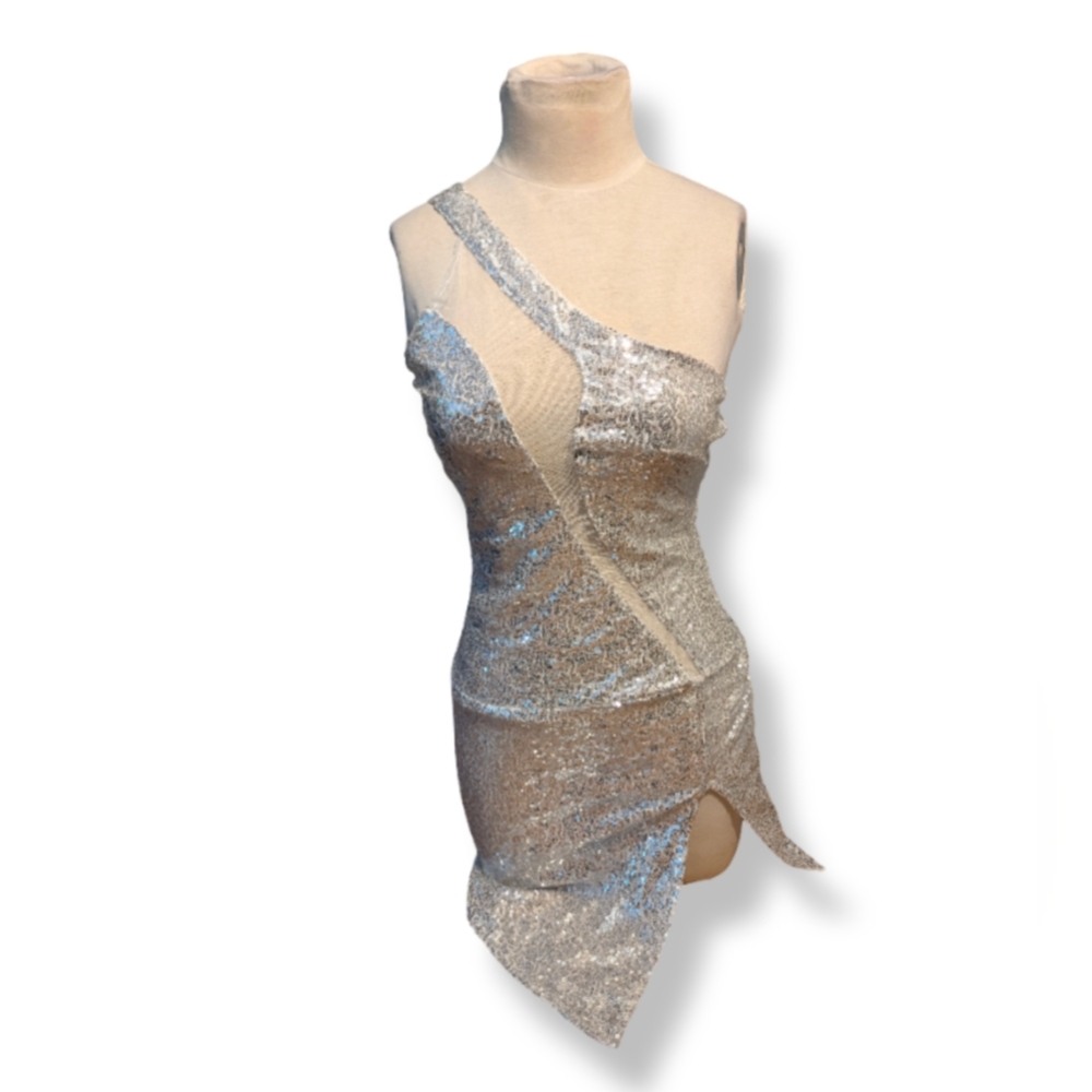 White Sequin Mesh Cutout Dress by Chicme